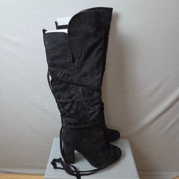 Shoes - Black Faux Suede Over The Knee Strappy Wrap Lace Up Block Heel Boots Size 9